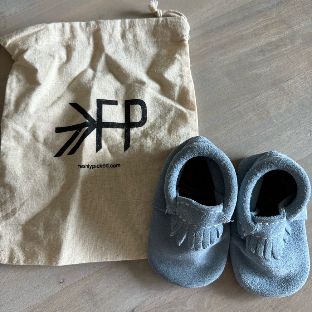Freshly Picked - size 2 light blue suede moccasins. NWOT